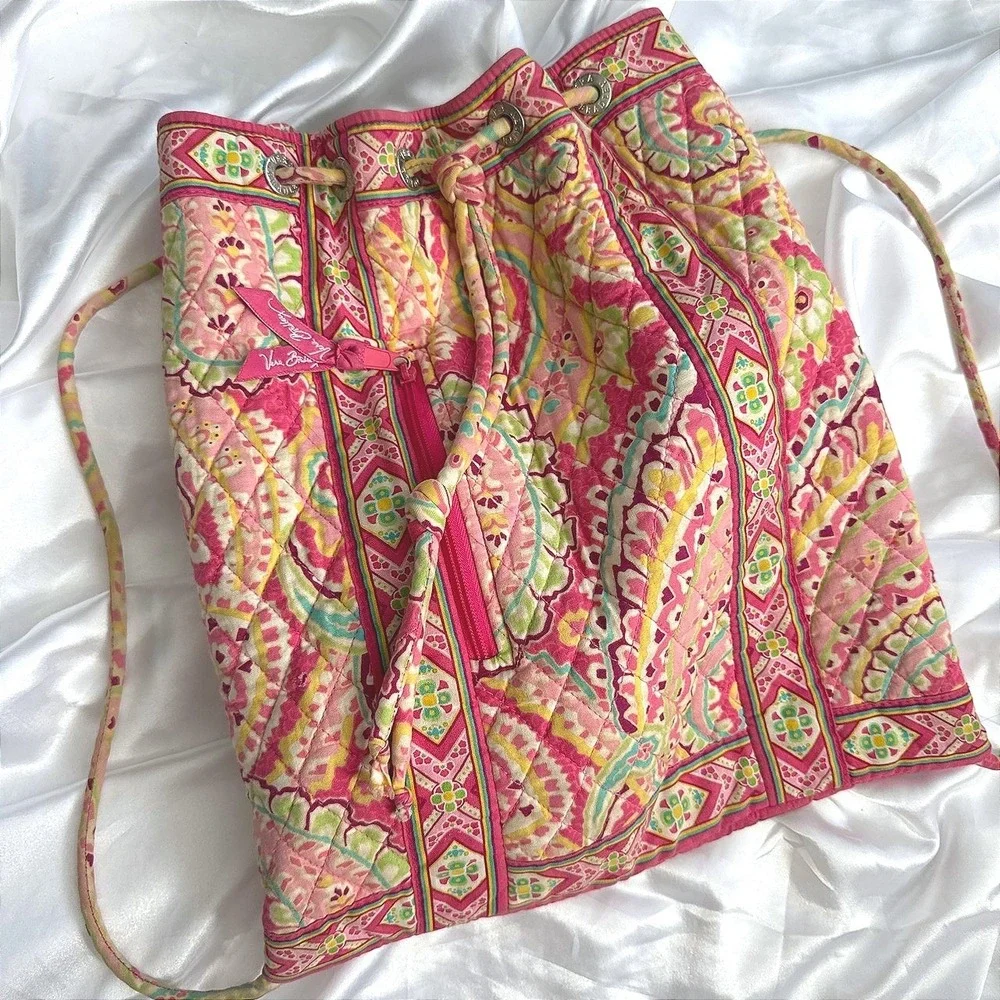Vera Bradley Pink Yellow Paisley Quilted Cotton Drawstring Backpack Bag